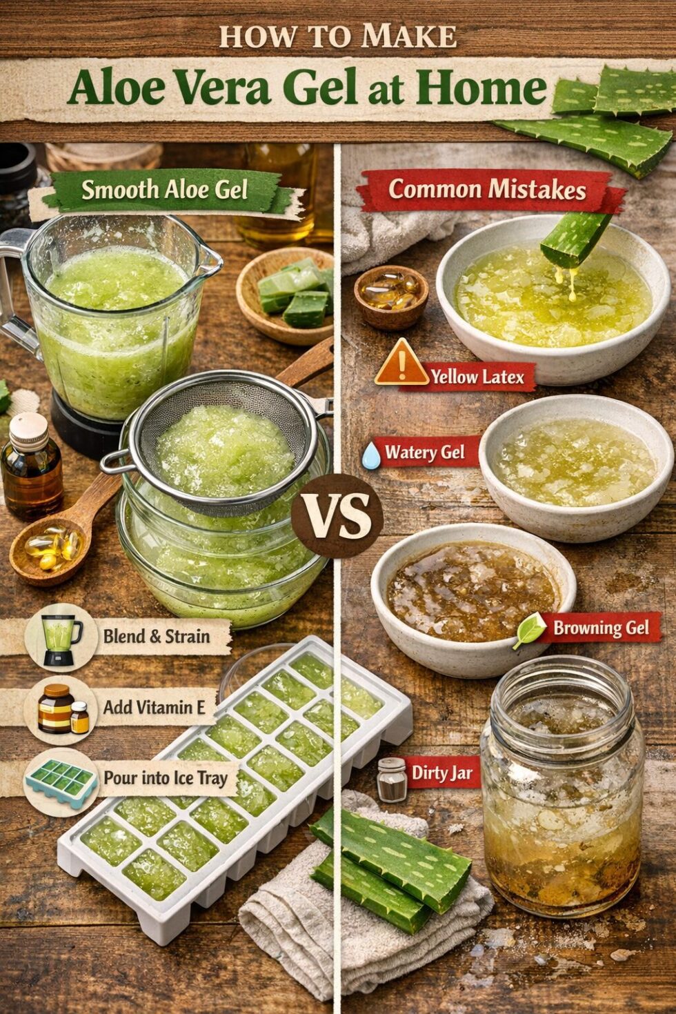 Comparison visual for How to Make Aloe Vera Gel at Home 2 methods, split composition with left side showing blended smooth