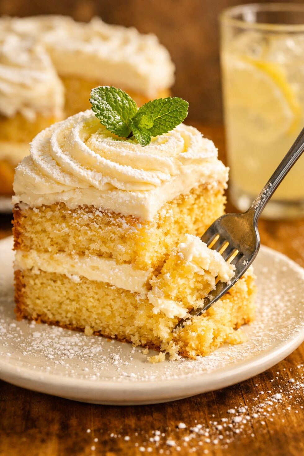 Photorealistic, high-resolution photography, Close-up side angle of a single generous slice of lemon cream cheese cake on a