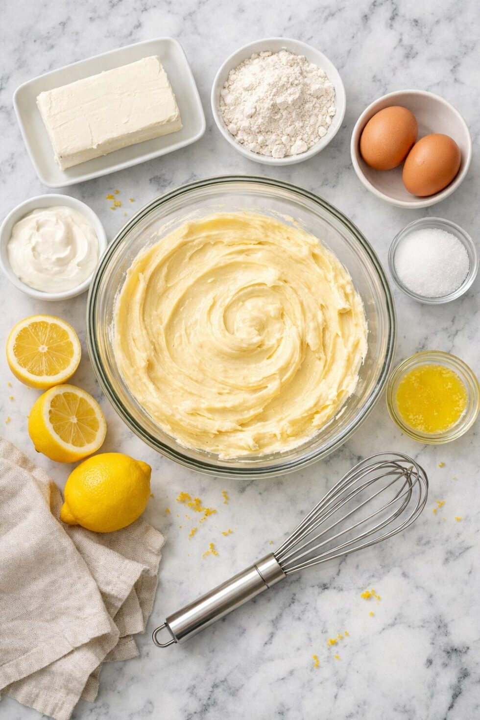 Photorealistic, high-resolution photography, Overhead flat-lay of lemon cake batter preparation showing a glass mixing bowl