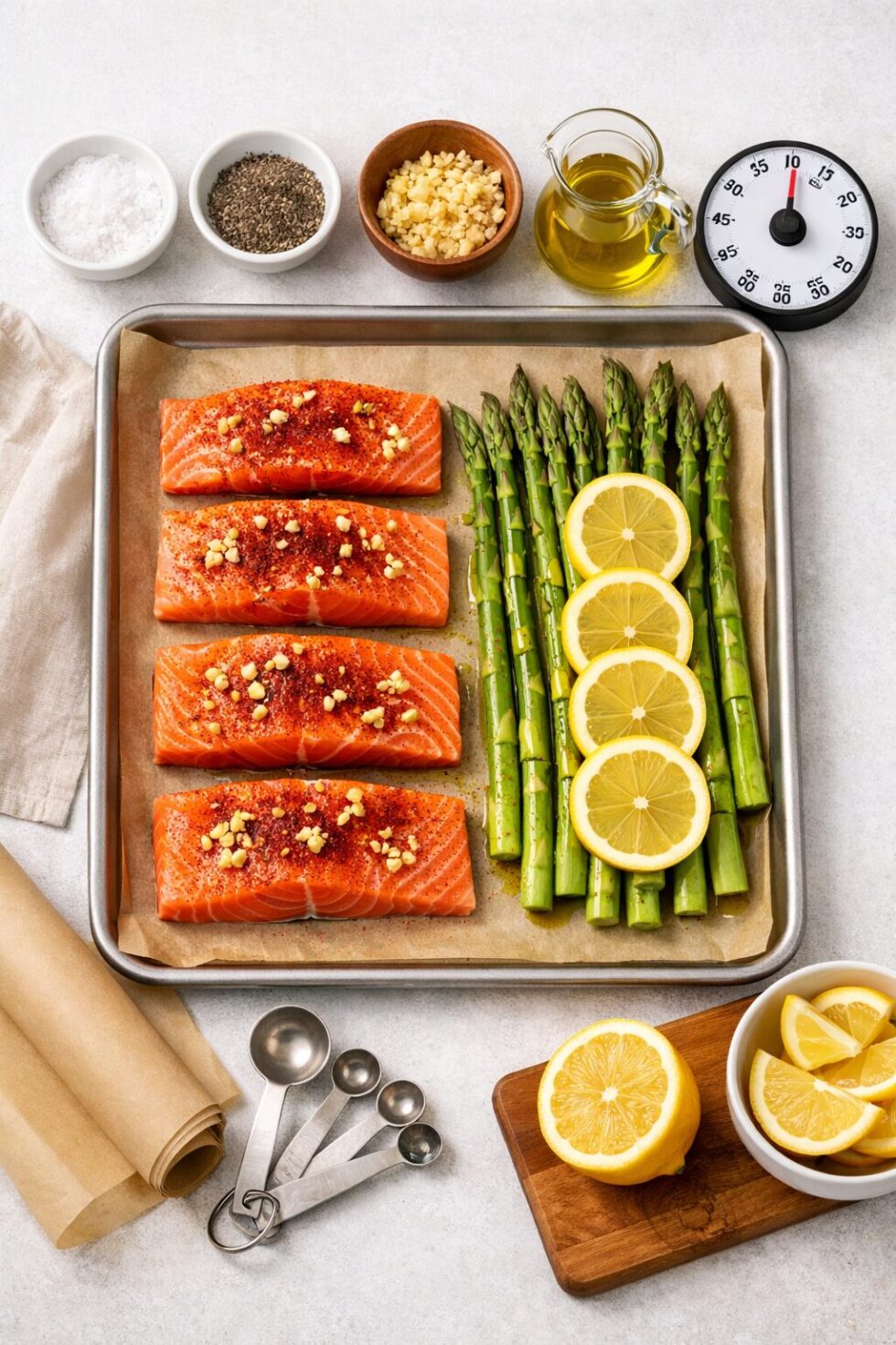 Photorealistic, high-resolution photography, Portrait editorial step-by-step cooking scene, , overhead view of a salmon and