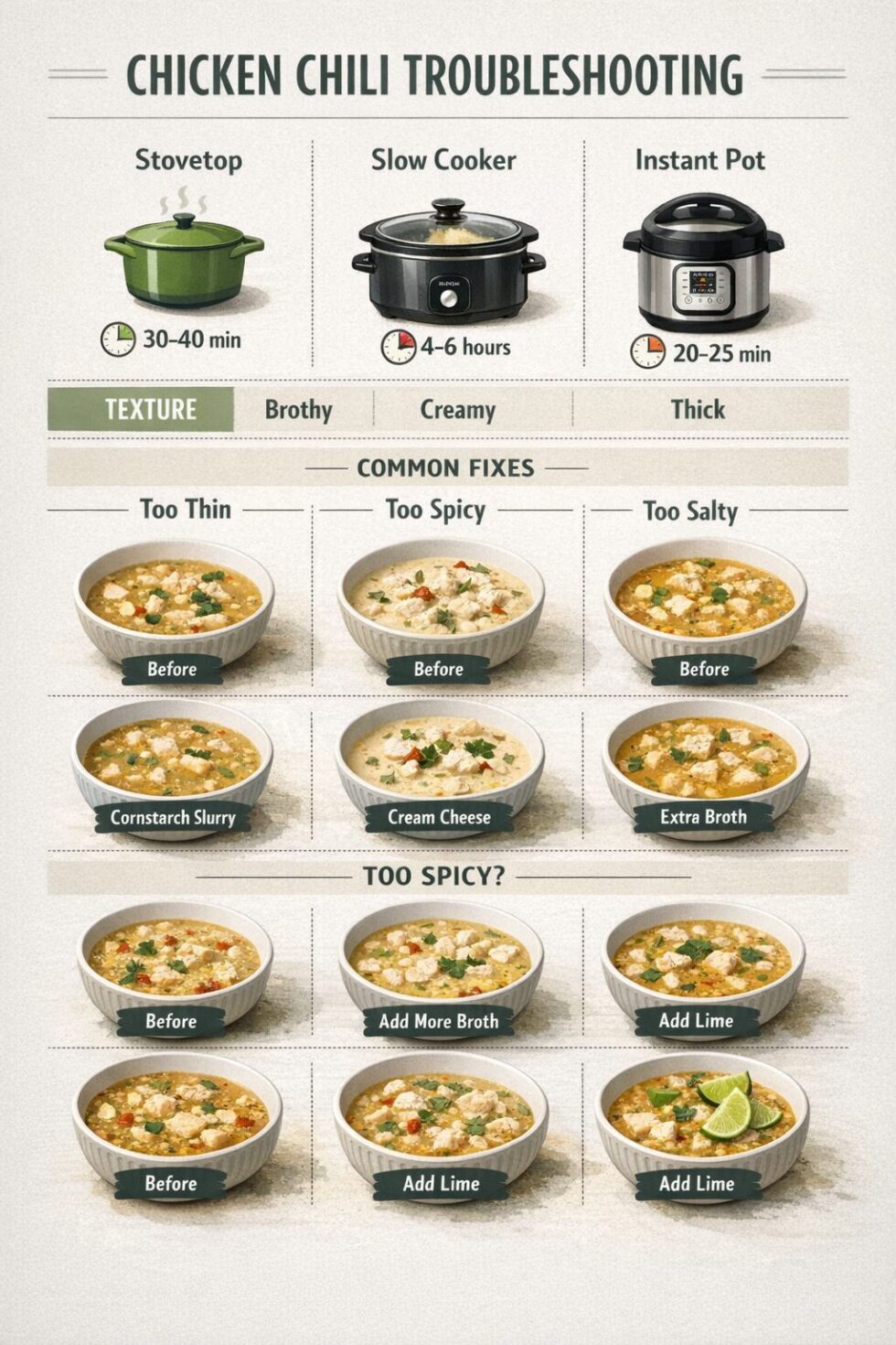 Photorealistic, high-resolution photography, , comparison chart and troubleshooting concept image for a white chicken chili