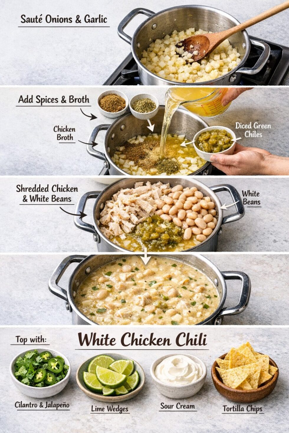Photorealistic, high-resolution photography, , step-by-step infographic style image for a white chicken chili recipe showing