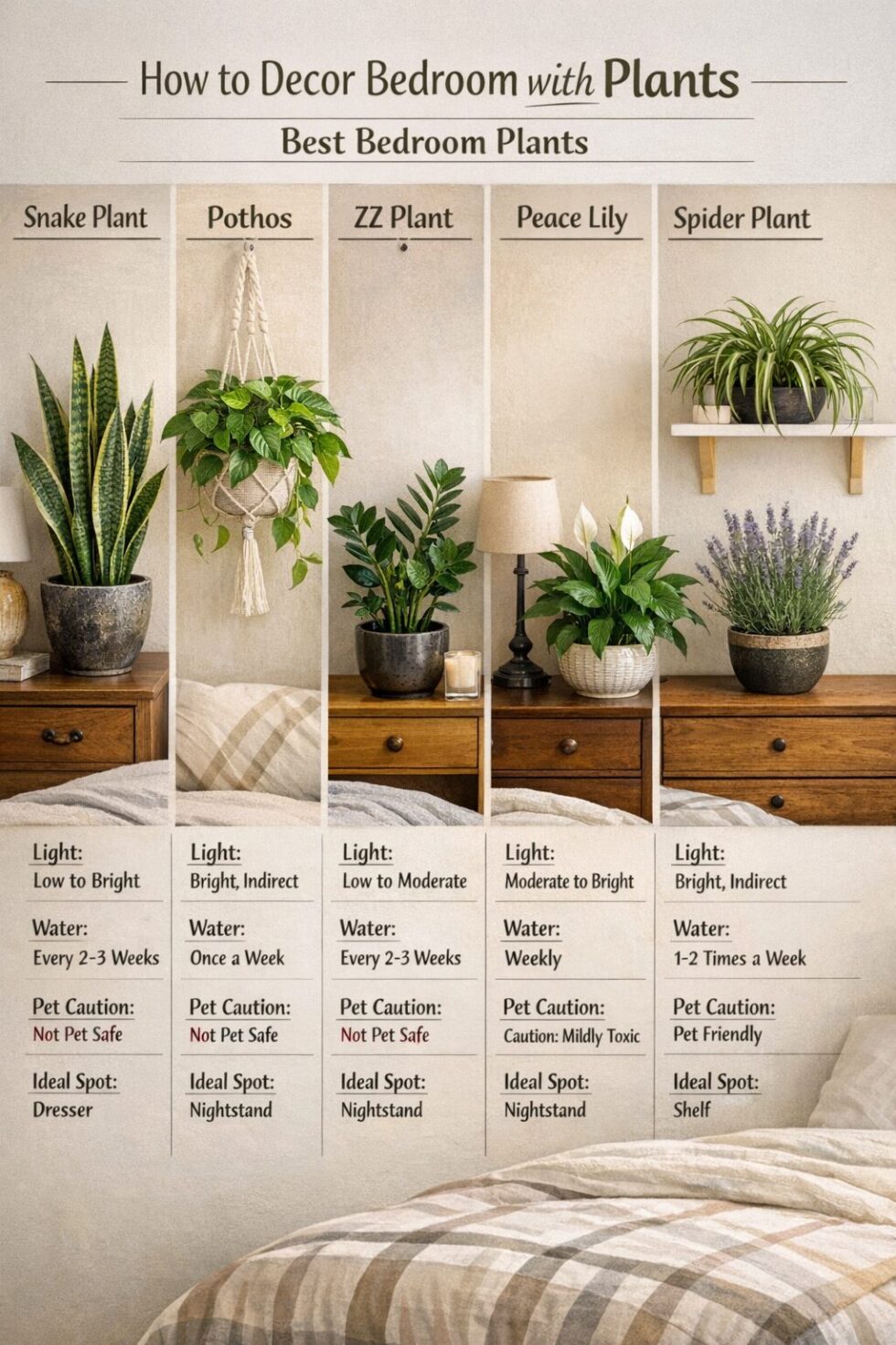 Portrait editorial infographic-style image, , for How to decor bedroom with Plants showing a side-by-side comparison of the