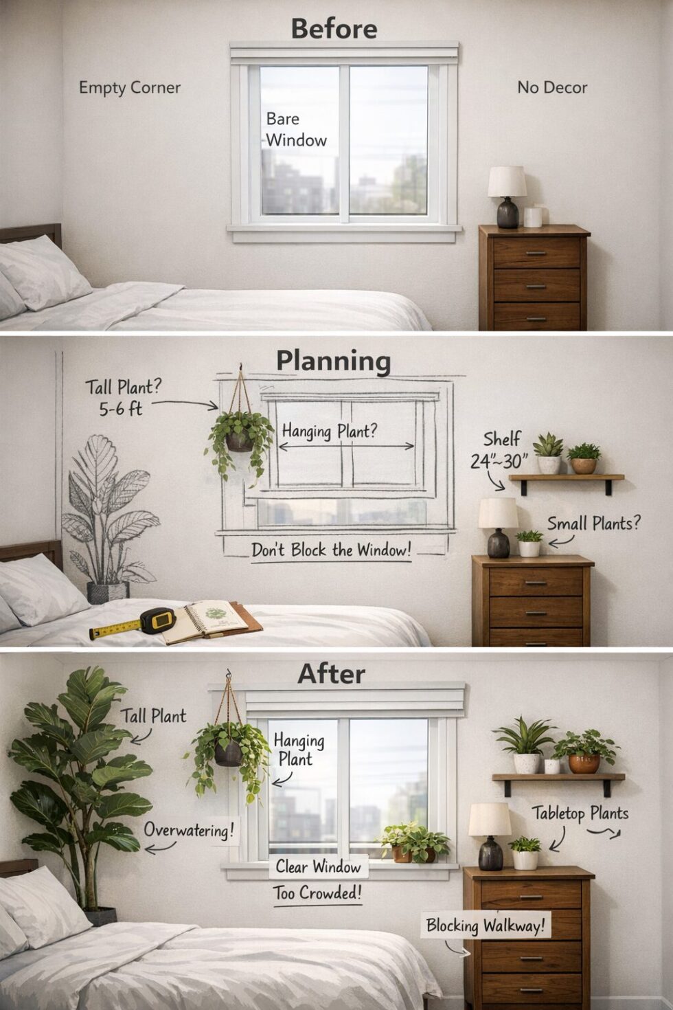Portrait editorial step-by-step scene, , illustrating How to decor bedroom with Plants in a small bedroom makeover. Show a