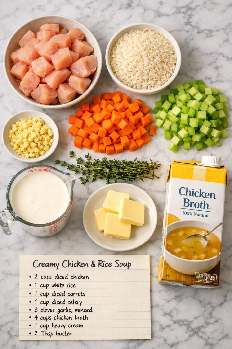 Portrait format (1024x1536) overhead flat lay composition showing ingredient preparation for creamy chicken and rice soup, organized section