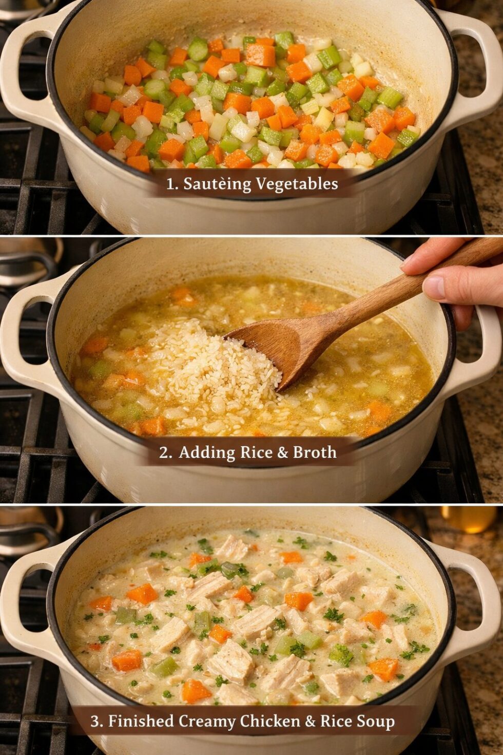 Portrait format (1024x1536) step-by-step visual guide showing three stages of creamy chicken and rice soup cooking process in same Dutch ove