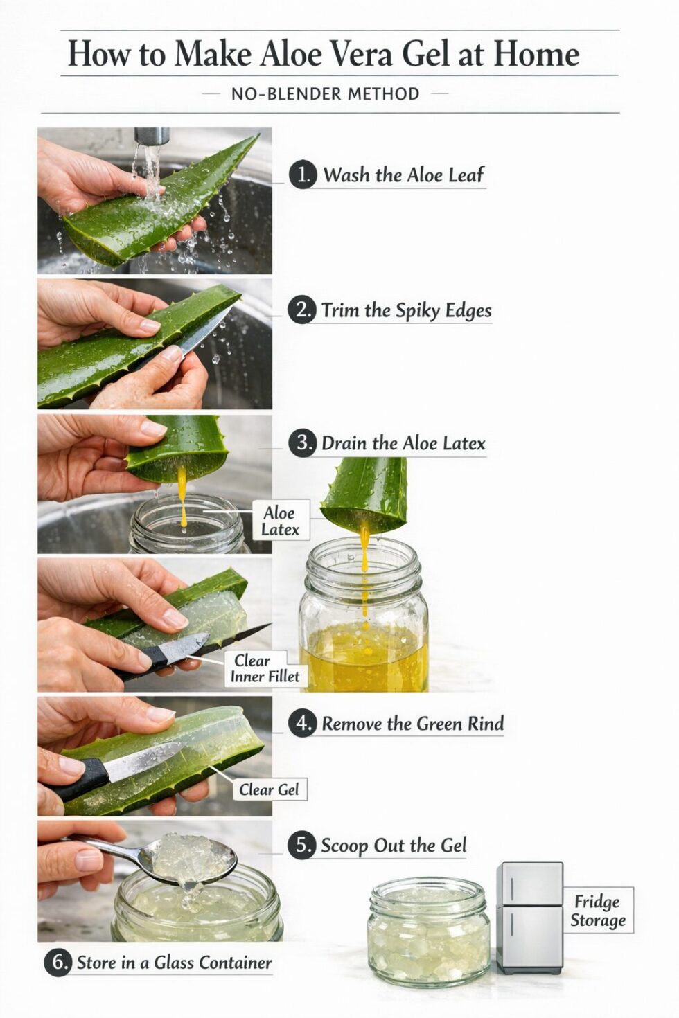 Step-by-step instructional infographic for How to Make Aloe Vera Gel at Home 2 methods, focused on the raw no-blender