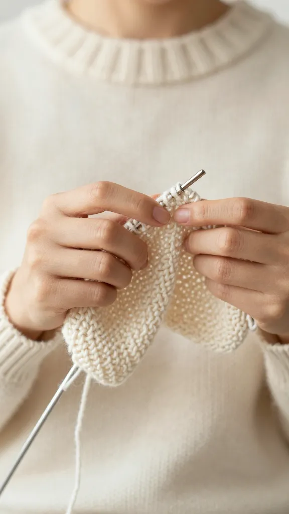 Closeup of hands knitting cream-colored wool sweater
