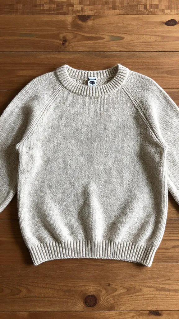 Finished handknit sweater laid flat on wooden table