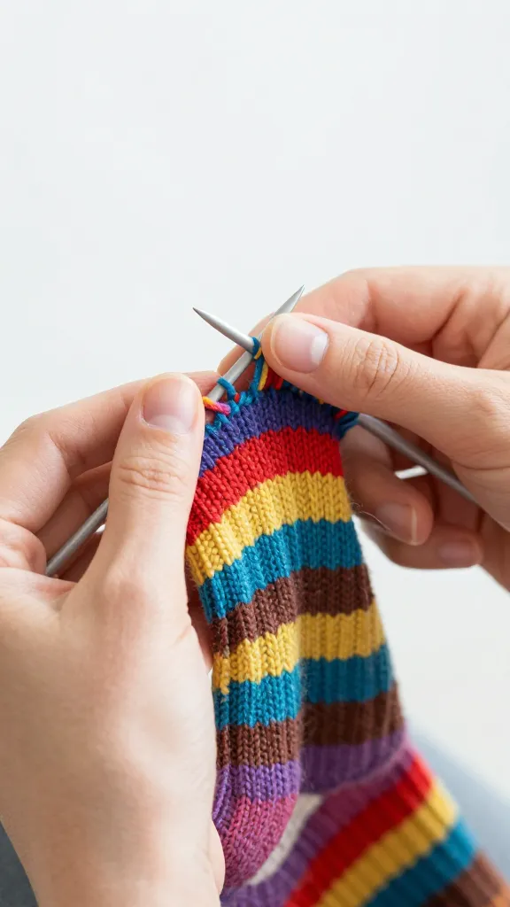 Closeup of hands knitting colorful striped sock with needles