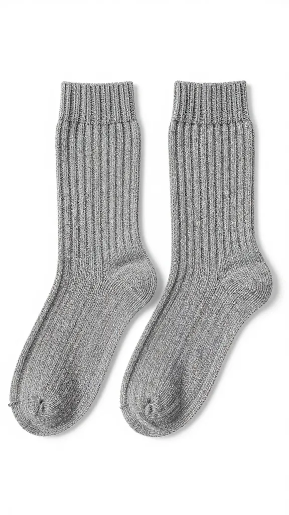 Pair of finished handknit ribbed socks on feet