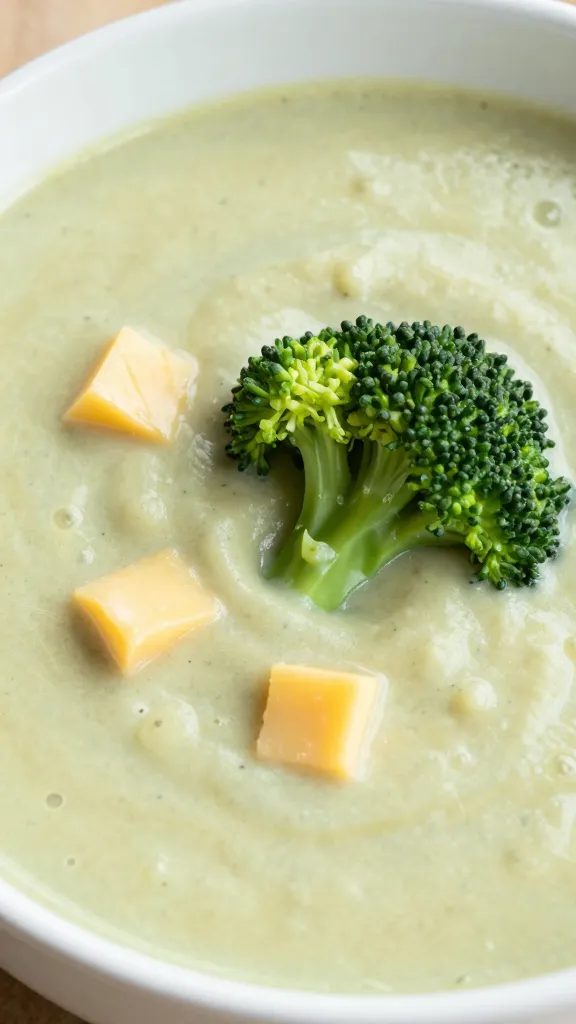 Closeup of creamy broccoli cheddar soup in white bowl