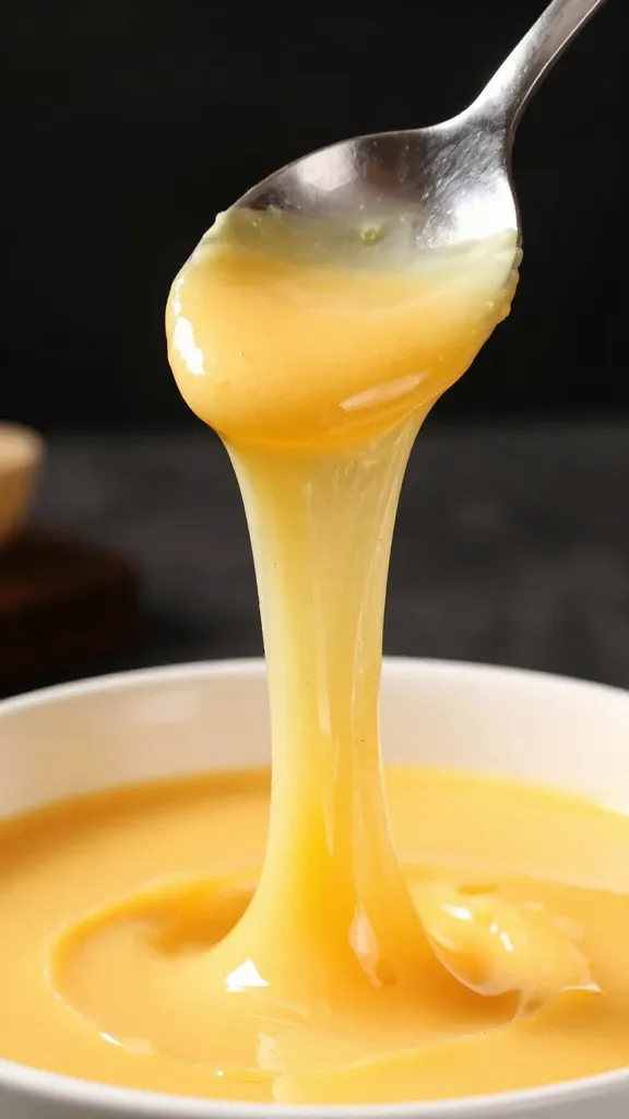 Single spoon lifting stretchy melted cheddar from soup