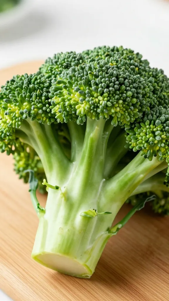 Fresh broccoli crown on wooden cutting board closeup