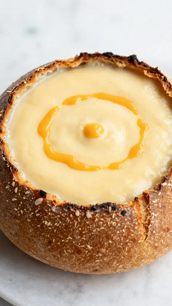 Round sourdough bread bowl filled with cheddar soup