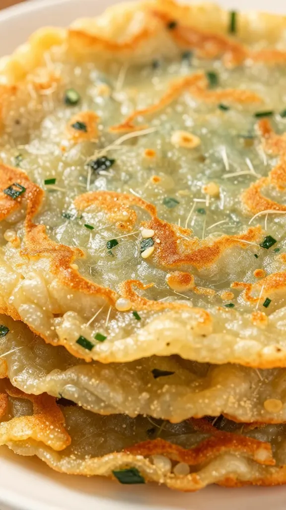 Crispy rice paper scallion pancake, closeup.