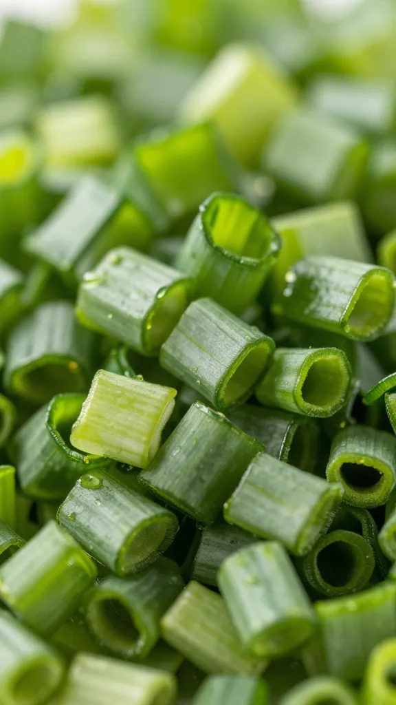 Fresh chopped green scallions, closeup.