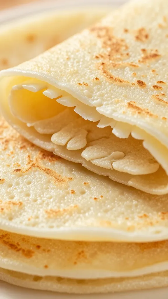 Chewy rice paper pancake interior, closeup.