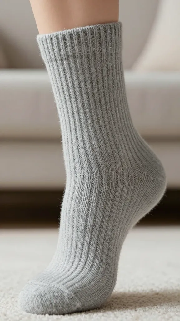 A detailed, close-up shot of a single foot, gently relaxed, wearing a perfectly fitted, hand-knitted heather grey ribbed sock. The sock's prominent, even knit-purl ribbing pattern is clearly visible, demonstrating its exceptional elasticity and snug, yet comfortable, embrace around the ankle and foot. The yarn texture appears soft, luxurious, and high-quality. Soft, diffused natural light highlights the intricate stitches and the overall warmth of the sock. The background is a subtly blurred, cozy domestic setting, evoking comfort and tranquility. Realistic, high-quality photography, no text on image.