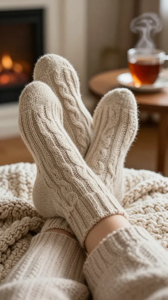 A high-quality, realistic close-up photograph of a pair of beautifully hand-knitted cable socks. The socks are a luxurious, soft wool in a warm, inviting oatmeal or cream color, showcasing intricate and well-defined cable patterns that create a visibly squishy and warm texture. They are gently worn on a person's feet, which are propped up and slightly crossed, resting on a soft, chunky knit blanket in a cozy, dimly lit living room. A steaming mug of tea is visible on a wooden side table in the soft-focus background, adding to the atmosphere of comfort and relaxation. Soft, warm ambient light, possibly from a nearby lamp or fireplace, highlights the detailed texture of the cables. The image evokes a feeling of warmth, comfort, and peaceful bliss. No text.