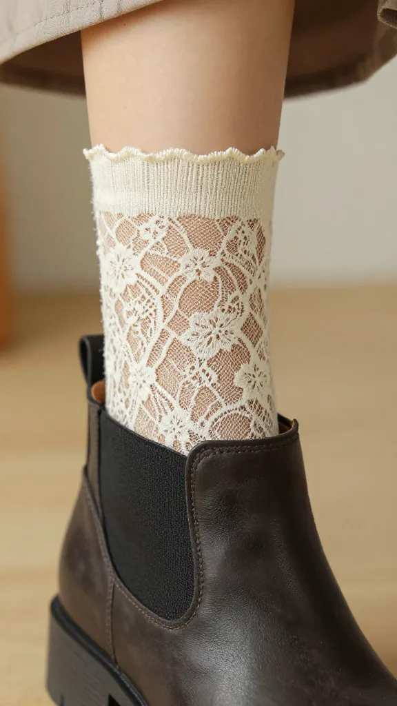 A high-quality, realistic close-up shot of a woman's lower leg and foot. A beautifully intricate, delicate lace panel sock, in a soft cream or ivory color, is elegantly peeking out from the top edge of a stylish, well-worn dark leather ankle boot. The lace pattern on the sock is clearly visible, showcasing an airy, exquisite floral or geometric design, catching soft, diffused natural light that highlights its delicate texture and translucent quality. The focus is sharply on the sock's feminine details and its subtle contrast with the sturdy boot. The background is a gently blurred, warm, inviting indoor setting, adding to the cozy yet sophisticated feel.