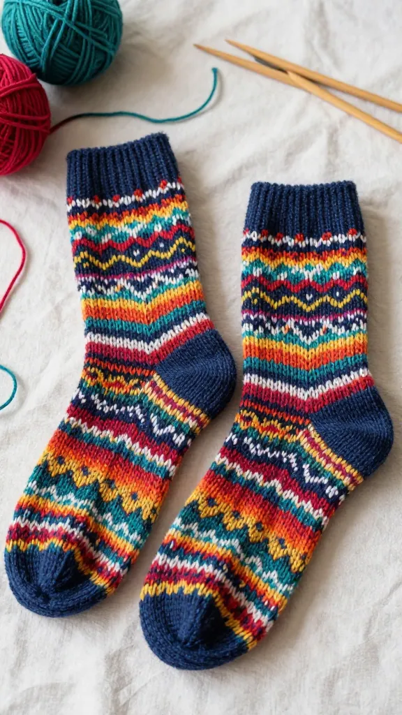 A close-up, high-angle realistic photograph of a pair of exquisitely hand-knitted Fair Isle socks, showcasing intricate, vibrant geometric patterns in a rainbow of colors. The traditional stranded colorwork technique is clearly visible, highlighting the cozy, warm texture of the wool. The socks are artfully arranged on a soft, textured fabric, with a few small, colorful balls of leftover sock yarn and wooden knitting needles subtly blurred in the background, hinting at the creative process. The lighting is soft and inviting, emphasizing the detailed stitches and rich hues.
