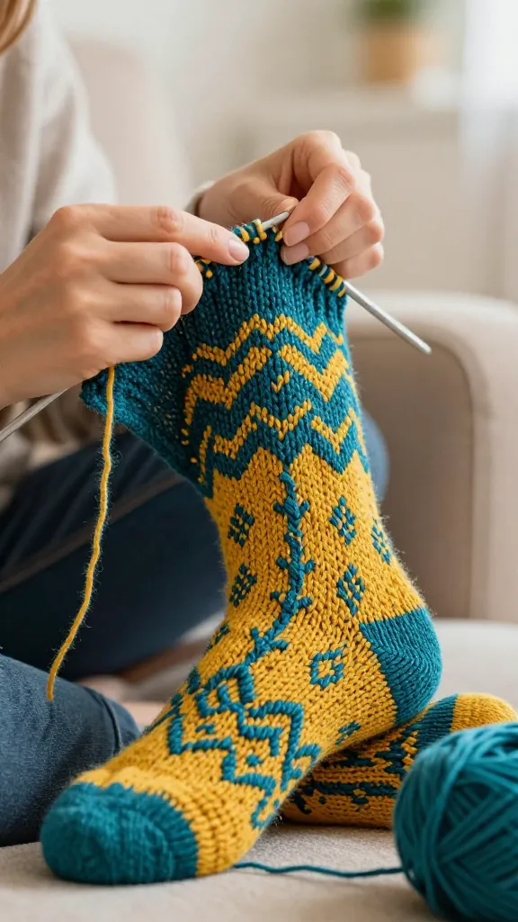 A high-resolution, realistic close-up shot of a knitter's hands actively working on a vibrant, patterned sock using the toe-up knitting method. The sock clearly shows its construction starting from the neatly formed toe, progressing upwards along the foot, with the stitches visible on circular knitting needles. One hand holds the needles, while the other gently guides a single strand of yarn from a nearly depleted, small ball of yarn (skein), subtly hinting at 'yarn chicken'. The sock features a delicate, intricate cable or textured stitch pattern in a warm, inviting color like deep teal or mustard yellow. The background is softly blurred, suggesting a cozy, well-lit home environment, perhaps a comfortable armchair or a warm blanket. The focus is sharp on the hands, needles, and the evolving sock, capturing the texture of the yarn and the intricate stitches with realistic detail.