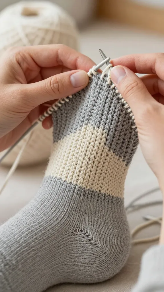 Extreme close-up, hyperrealistic shot of a knitter's hands actively working on the heel of a sock, clearly demonstrating the traditional heel-flap and gusset construction. The focus is sharp on the intricate stitches forming the robust, durable heel and the shaping of the gusset, with knitting needles (circular or DPNs) holding the work. High-quality, soft wool yarn in a heather grey or natural cream color, showcasing its texture. Soft, diffused natural light illuminates the knitting in progress, creating subtle shadows and highlights. The background is a gently blurred, warm, and cozy indoor setting. High resolution, shallow depth of field, emphasizing detail and craftsmanship.