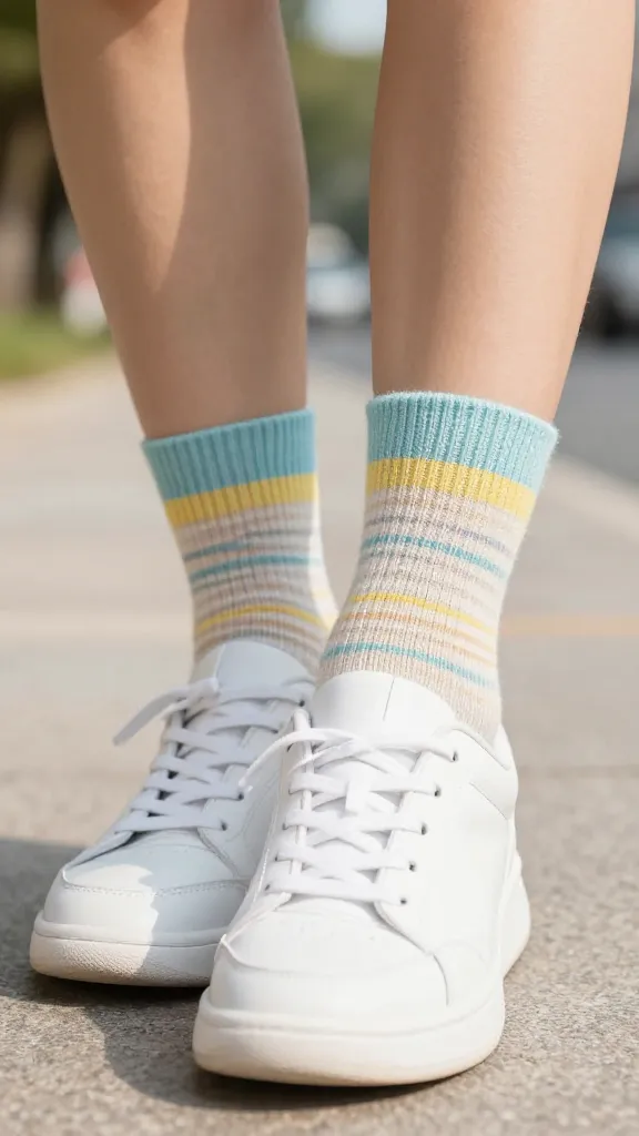 A high-quality, realistic close-up shot of a person's lower legs and feet, wearing clean, modern white sneakers. A pair of beautifully hand-knitted ankle socks, featuring a subtle texture or simple striped pattern in a fresh, bright color palette, are visible peeking out just above the top edge of the sneakers. The scene is brightly lit, suggesting a warm, sunny day, with a softly blurred background that hints at an outdoor setting like a park path or a casual urban street. The focus is sharp on the stylish socks and sneakers, emphasizing their practical appeal and the quality of the knitting.