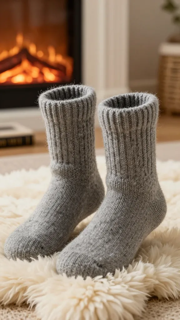 A pair of luxuriously thick, hand-knitted chunky slipper socks, crafted from soft, heather gray yarn with a visible plush texture and subtle ribbing, are the central focus. They are gently arranged on a plush cream-colored sheepskin rug, with their wide cuffs softly turned down to emphasize their cozy interior. In the softly blurred background, a warm, inviting living room comes to life: a roaring fireplace emits a comforting amber glow, and the spine of a classic book rests on a nearby wooden surface. The scene perfectly captures ultimate comfort, warmth, and relaxation. High-resolution, realistic photograph, shallow depth of field.