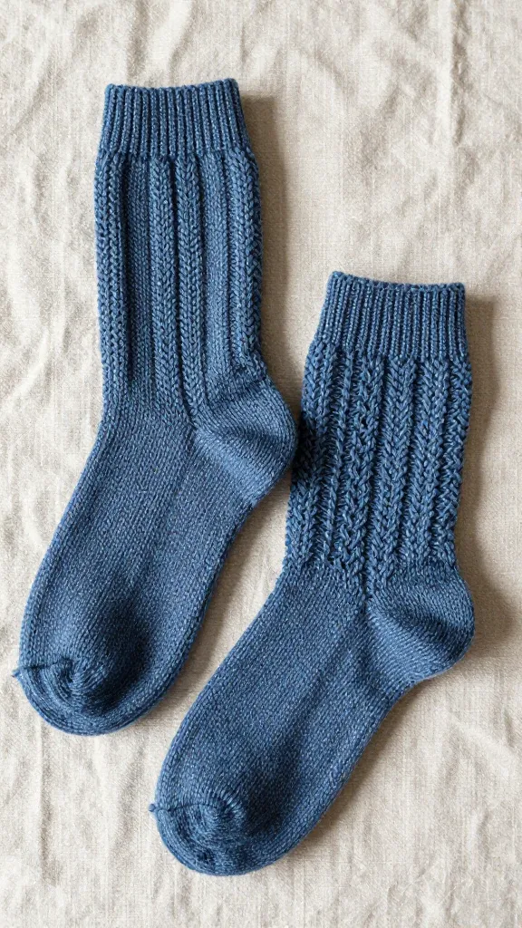 A pair of hand-knitted socks, showcasing distinct yet subtle textured stitch patterns such as moss stitch, seed stitch, and a simple basketweave. The socks are crafted from a high-quality, solid-colored dusty blue merino wool yarn. One sock is upright, displaying the full leg and cuff, while the other is gently folded to highlight the intricate stitch definition up close. They are artfully arranged on a soft, neutral-toned linen fabric, bathed in warm, soft natural light that casts gentle shadows to emphasize the three-dimensional texture of the knitting. Realistic, high-resolution product photography, focus on tactile detail and sophisticated craftsmanship.