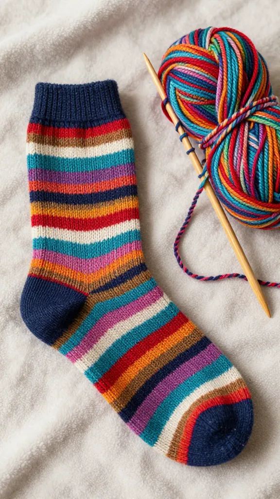 A close-up, high-angle, realistic photograph of a pair of hand-knitted socks showcasing vibrant, perfectly matched self-striping patterns. One sock is fully finished, beautifully displaying its intricate, multi-colored stripes. The second sock is partially knitted, still attached to a transitioning skein of self-striping yarn, with bamboo knitting needles inserted, clearly showing the stripes forming organically as if by magic. The scene is set on a soft, neutral-toned blanket, emphasizing a cozy and peaceful 'knitting zen' atmosphere. Natural, soft lighting. Ultra-realistic, sharp focus on the knitting details and yarn texture.