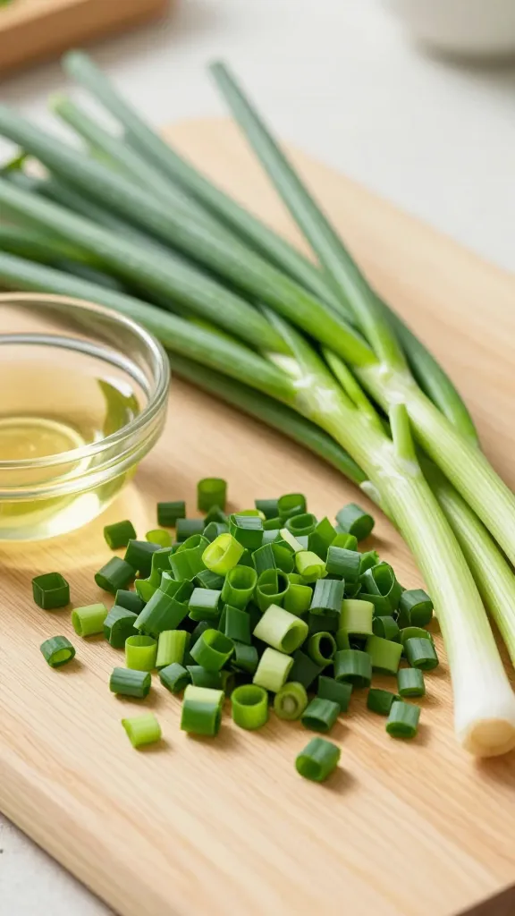A high-quality, realistic close-up food photograph capturing a vibrant large bunch of fresh green scallions (green onions) on a clean light-colored wooden cutting board. Some scallions are neatly chopped into small, bright green rings and flecks, piled invitingly, while a few whole stalks lie nearby. A small, clear glass ramekin or bowl holds a few tablespoons of neutral cooking oil, reflecting the kitchen light. The scene is bathed in soft, natural light, highlighting the crisp texture and intense green color of the scallions, clearly prepped for a Chinese Scallion Pancake recipe. The background is a subtly blurred, clean kitchen environment. No text.