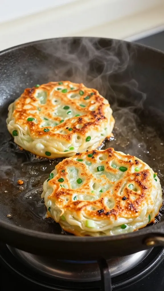 A close-up, high-angle shot of two perfectly golden-brown Chinese Scallion Pancakes sizzling in a large, heavy-bottomed cast-iron skillet on a stovetop. The pancakes exhibit a beautifully crispy, flaky texture with visible layers and flecks of green scallions. Wisps of steam and a light oil sheen are visible, indicating active frying. The background is softly blurred, hinting at a clean, modern kitchen environment, emphasizing the delicious pancakes as the focal point. Realistic, high-quality, appetizing.