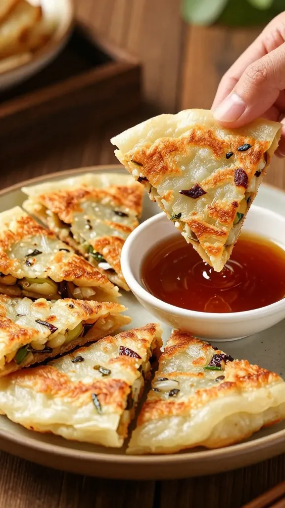 A mouth-watering, high-quality realistic close-up shot of several perfectly golden-brown, crispy Chinese scallion pancakes, some cut into neat wedges, artfully arranged on a rustic ceramic plate. Next to the pancakes, a small, elegant bowl holds a glistening, rich brown homemade dipping sauce, subtly suggesting ingredients like soy sauce and rice vinegar. A hand, gently holding a piece of scallion pancake with chopsticks, is poised to dip it into the sauce, capturing the moment of delicious anticipation. The scene is bathed in warm, inviting natural light, creating appealing highlights on the flaky texture of the pancakes and the smooth sheen of the sauce. The background is softly blurred, hinting at a cozy dining environment.