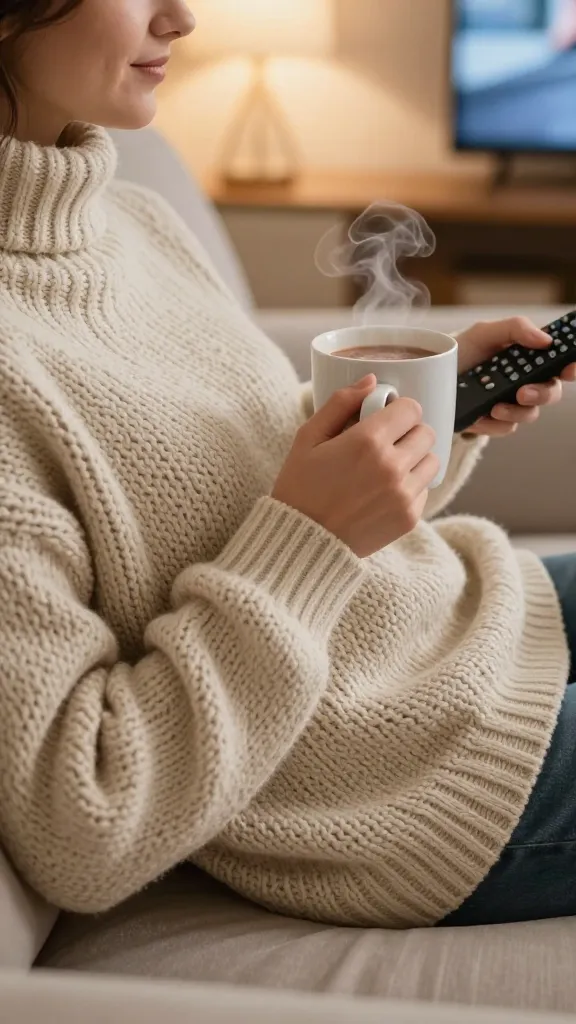 A high-quality realistic photograph of a person, gender-neutral, comfortably curled on a plush, textured couch in a warm, inviting living room. They are wearing a beautifully hand-knitted, chunky pullover sweater in a soft, heathered cream, showcasing visible knit stitches and a relaxed, lived-in fit. One hand gently holds a steaming mug of hot cocoa, while the other holds a TV remote. Soft, ambient lighting from a nearby lamp or screen casts a warm glow, creating an atmosphere of ultimate coziness and relaxation. The focus is on the sweater's texture and the serene, content expression of the person. No text.