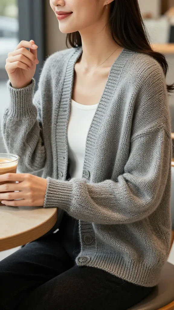 A realistic, high-quality photograph of a stylish woman in her late 20s, with a warm and approachable expression, wearing a beautifully hand-knitted, medium-grey everyday cardigan. The cardigan features a practical, flattering silhouette with visible, intricate knit texture, suggesting a substantial weight and quality. She is casually seated at a modern coffee shop table, a warm beverage in hand, with soft, natural light illuminating the scene, highlighting the cardigan's cozy drape and sophisticated layering over a simple white top. The background is subtly blurred, focusing attention on the woman and the exquisite hand-knitted garment. No text.