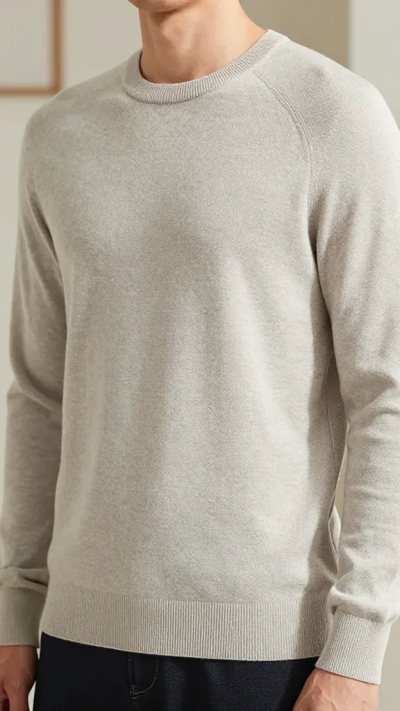 A high-quality, realistic photograph of a classic, well-fitting crew neck knitted sweater. The sweater is in a sophisticated, neutral tone like heather gray or cream, showcasing its clean lines and simple, elegant construction. It is worn by a person (gender ambiguous or subtly styled for broad appeal) in a relaxed, confident pose that highlights the sweater's perfect drape and the visible, high-quality texture of the knit stitches. Soft, diffused natural light illuminates the scene, emphasizing the timeless appeal and versatility of the garment. The background is subtly blurred and minimalist, adding to the understated elegance without distracting from the sweater. No text.
