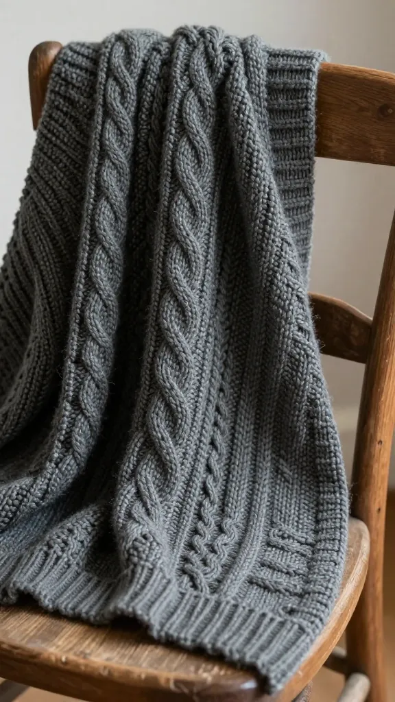 A high-quality, realistic close-up shot of a luxurious, hand-knitted sweater draped over a rustic wooden chair in soft, diffused natural light. The sweater, in a rich, warm charcoal grey, showcases an exquisite tapestry of textures: prominent, intertwining Aran cables run vertically, flanked by sections of delicate moss stitch that create subtle bumps, and interspersed with areas of bold seed stitch. The individual stitches are clearly defined, highlighting the depth and three-dimensionality of the design. Gentle shadows and highlights emphasize the tactile quality and visual interest of the twisted and popped stitches, making the texture feel almost tangible. The background is softly blurred, hinting at a cozy, inviting indoor setting, ensuring all focus remains on the intricate knitting details of the sweater.