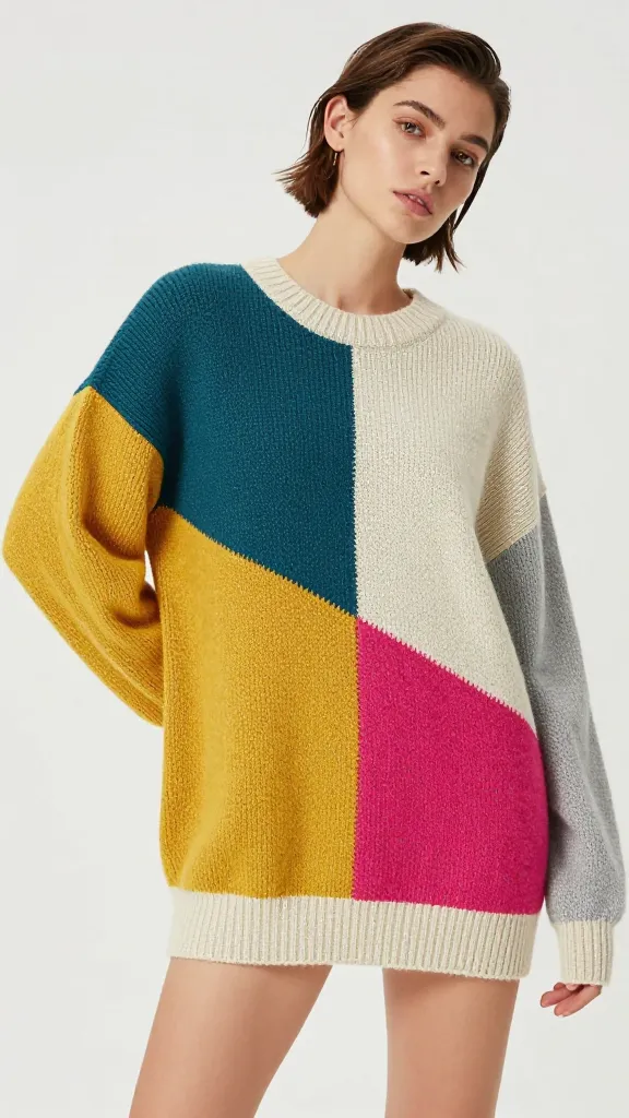 A stylish woman in her late 20s, with a modern, chic hairstyle, confidently poses in a minimalist, brightly lit studio. She is wearing a high-quality, hand-knitted color-blocked sweater that is the focal point of the image. The sweater features bold, distinct geometric blocks of contrasting and complementary hues, such as deep teal, mustard yellow, and a vibrant fuchsia, against a neutral cream or light grey, creating a modern, artistic, and playful design. The knit texture is clearly visible, looking cozy yet refined and luxurious. Her pose is elegant and slightly playful, showcasing the unique garment's high-fashion appeal. The image is a realistic, high-resolution photograph with soft, professional studio lighting, emphasizing the rich colors and intricate knitwork. No text on the image.