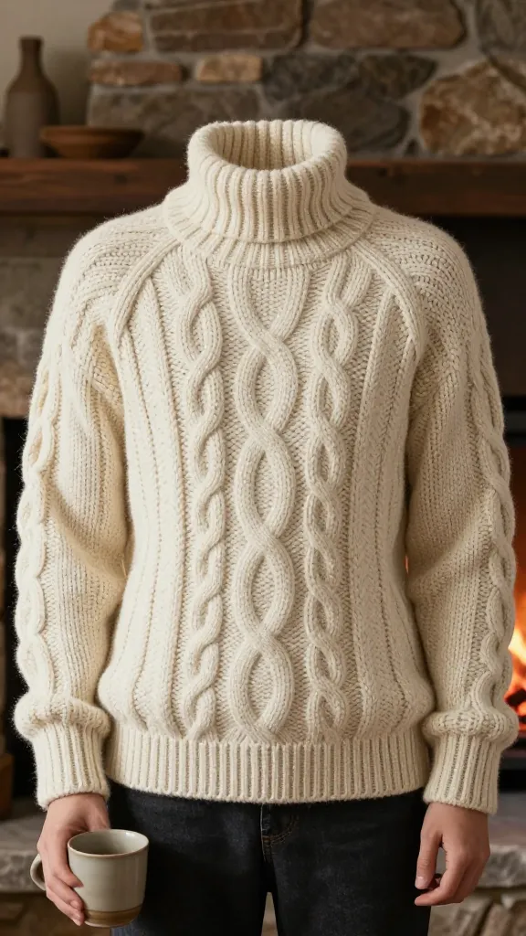 A high-quality, realistic photograph of a person wearing a beautifully crafted, thick cream-colored Aran sweater. The sweater is the central focus, showcasing its intricate, rich cable patterns and deeply textured stitches, reflecting timeless craftsmanship and a robust, warm feel. The person's hands are visible, perhaps holding a steaming ceramic mug. The setting is a cozy, rustic interior, with the warm, inviting glow of a roaring stone fireplace casting soft light. The background elements are subtly blurred to keep the focus on the sweater. The overall atmosphere evokes rugged comfort, enduring style, and warmth against cool elements, like a sea breeze outside.