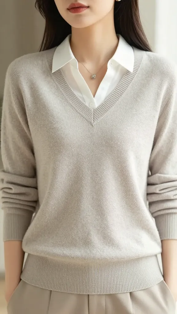 A realistic, high-quality, sharp focus photograph of a woman wearing a beautifully knitted, elegant V-neck sweater in a soft, neutral color like cream or dove grey. The sweater's clean, sophisticated design gracefully elongates her neck, subtly revealing a delicate silver pendant necklace. A crisp white shirt collar peeks out from just beneath the V-neckline, adding a touch of refined style. Her expression is serene and confident, embodying the sweater's flattering and versatile appeal. Soft, natural lighting illuminates the scene, highlighting the intricate texture of the knit fabric and the sweater's perfect drape. The background is softly blurred to keep the focus on the sweater and the wearer. No text.