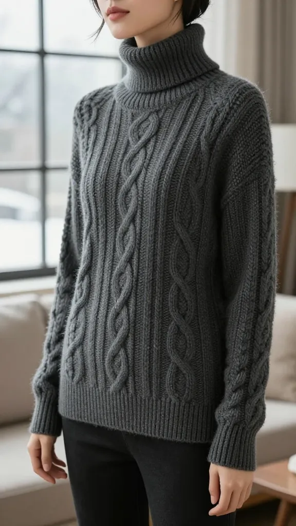 A sophisticated woman wearing a beautifully knitted, chunky cable-knit turtleneck sweater in a rich charcoal grey. She stands elegantly in a cozy, softly lit living room, with a large window in the background showing a subtle, blurred winter scene. The sweater features intricate cable patterns, a comfortably folded high neck, and a flattering silhouette, emphasizing its warmth and timeless elegance. The focus is on the detailed knit texture and the luxurious feel of the garment. High-quality realistic photography, soft natural light.