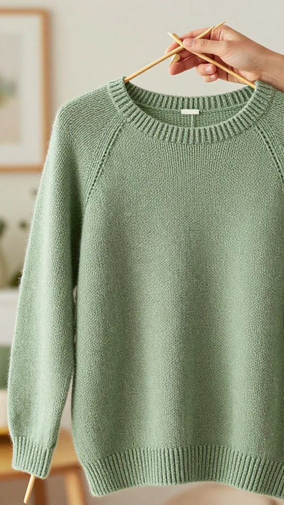 A realistic, high-quality photographic close-up of a partially knitted raglan sweater, held on circular needles by a knitter's hands. The main focus is on the sweater itself, prominently displaying the distinctive diagonal raglan lines that run from the yoke towards the sleeve area, illustrating the seamless, top-down construction. The sweater is crafted from soft, luxurious alpaca yarn in a warm, muted sage green. The knitter's hands are relaxed and confident, demonstrating the ease and satisfaction of the raglan knitting method. The background is a softly blurred, warm, and inviting home interior with natural light. No text on image.