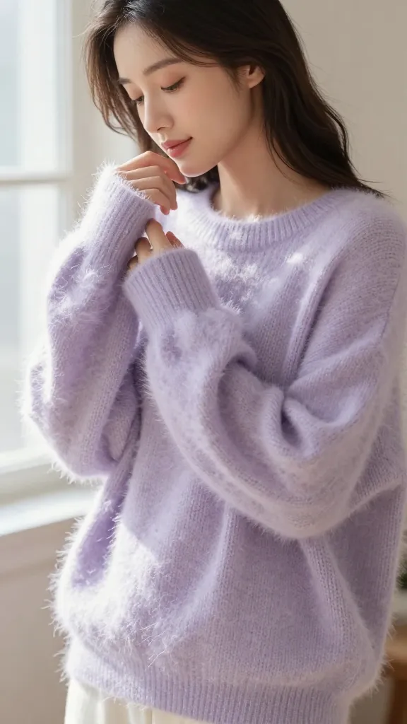 A serene woman, mid-20s, with a gentle, contented expression, is depicted in a high-quality, realistic photograph. She is wearing an exquisitely luxurious and light mohair blend sweater in a soft, ethereal pale lavender. The sweater exhibits a distinct, fluffy 'halo' effect, making it appear incredibly soft, warm, and cloud-like, almost glowing under the soft, diffused natural light filtering from a nearby window. The garment drapes loosely and comfortably, emphasizing its ethereal quality and the woman's sense of pure indulgence. Her eyes are softly closed, or she gazes thoughtfully, gently touching the sweater's incredibly soft texture. The background is a softly blurred, cozy indoor setting, ensuring the focus remains on the sweater's luxurious details and the woman's comfort. Realistic, high-resolution, no text.