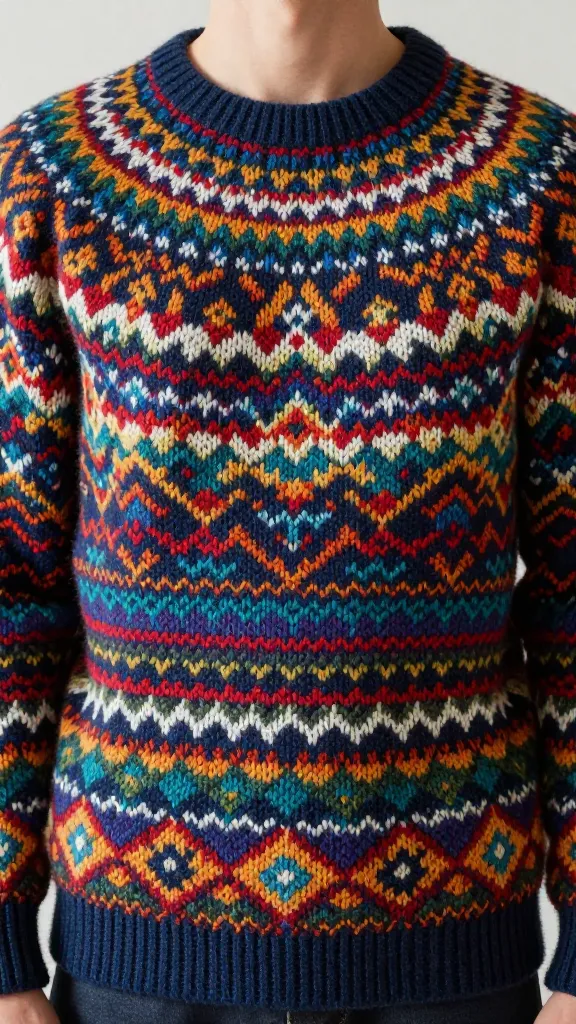 A breathtaking, photorealistic close-up of a person wearing a magnificent Fair Isle sweater. The sweater is a vibrant kaleidoscope of intricate geometric patterns, meticulously crafted with rich, multi-colored stranded colorwork. Traditional Shetland Island-inspired designs burst with life, showcasing a true masterpiece of textile art. Natural, soft studio lighting illuminates the luxurious texture of the wool and the depth of the colors. High-resolution, sharp focus on the sweater's detail, realistic rendering.