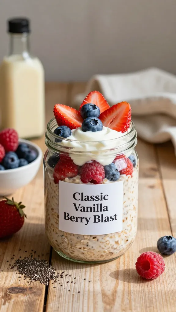 Create a hyper-realistic, high-quality image of a ready-to-eat overnight oats jar labeled "Classic Vanilla Berry Blast" placed on a cozy breakfast table. The jar is glass with a clear view of creamy oats layered with vibrant mixed berries (strawberries, blueberries, raspberries) and a generous swirl of vanilla yogurt. A light vanilla extract bottle and a small bowl of fresh berries sit nearby, with a few chia seeds sprinkled for texture. Soft morning light streams in from the side, casting gentle shadows and highlighting the glossy, creamy oat mixture. The background features a rustic wooden table, a folded cloth napkin, and a subtle, warm color palette to evoke a comforting, dependable start to the day. No text on the image. The main subject should be the jar of Classic Vanilla Berry Blast oats as described in the article.