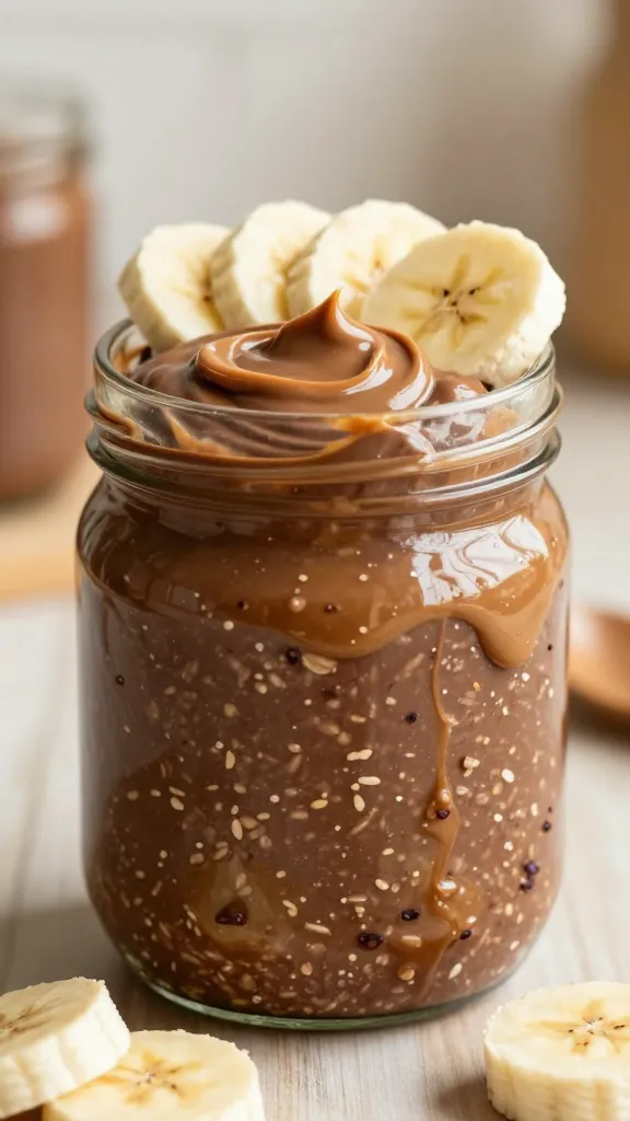 A high-quality, ultra-realistic close-up of a breakfast jar filled with chocolate peanut butter overnight oats, showcasing a velvety chocolate oats base swirled with rich peanut butter, with a glossy top layer and swirls of peanut butter visible on the surface. Surround the jar with banana slices arranged decoratively and a distance background hinting at a cozy kitchen scene: a soft, warm light, muted chocolate-brown and cream tones, and a subtle wooden table. Include visible textures of oats, creamy chocolate, and glossy peanut butter to emphasize indulgence, capturing a dessert-for-breakfast vibe without any text or labels in the image.