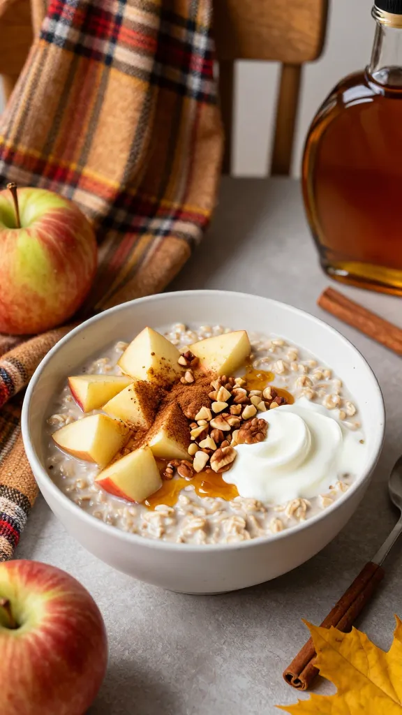 A high-resolution, photorealistic bowl of overnight oats featured prominently in a cozy autumn kitchen setting. The bowl showcases creamy oats topped with vibrant apple chunks (in smaller bite-sized pieces), a generous sprinkle of ground cinnamon, a delicate drizzle of maple syrup, and a handful of chopped nuts for crunch. A dollop of yogurt sits on top, creating a soft, glossy finish. Surrounding props include a warm plaid fall scarf draped over a chair, a small whole apple, a cinnamon stick, and a bottle of maple syrup with soft, natural lighting casting gentle shadows to emphasize textures. The color palette emphasizes warm ambers, apples’ reds and greens, and creamy oat tones, conveying fall vibes all year long in a comforting, inviting breakfast scene. No text on the image.