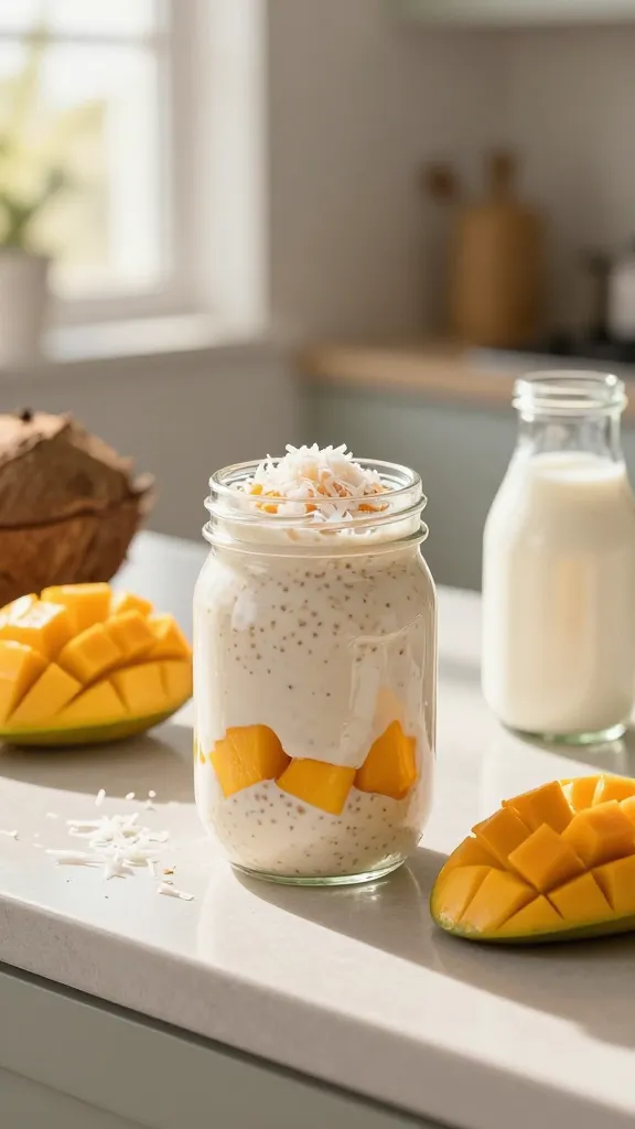 A high-resolution, ultra-realistic still-life scene of a mason jar overnight oats labeled "Mango Coconut Sunrise" placed on a sunlit kitchen counter. The jar shows a creamy, mango-taded layer at the bottom with visible diced ripe mango pieces and a smooth coconut milk base, topped with a light dusting of shredded coconut. Surround the jar with tropical accents: a halved ripe mango revealing vibrant orange flesh, a small glass bottle of coconut milk or yogurt, and a sprinkle of shredded coconut scattered nearby. The background features warm morning light streaming through a window, casting soft golden tones and gentle reflections on a clean, minimalist kitchen surface. No text on image. The composition emphasizes brightness, freshness, and a vacation-like tropical vibe.